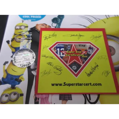 Yellow and red Super Star Certification card with autographs for Steve Carrell signed DVD dust