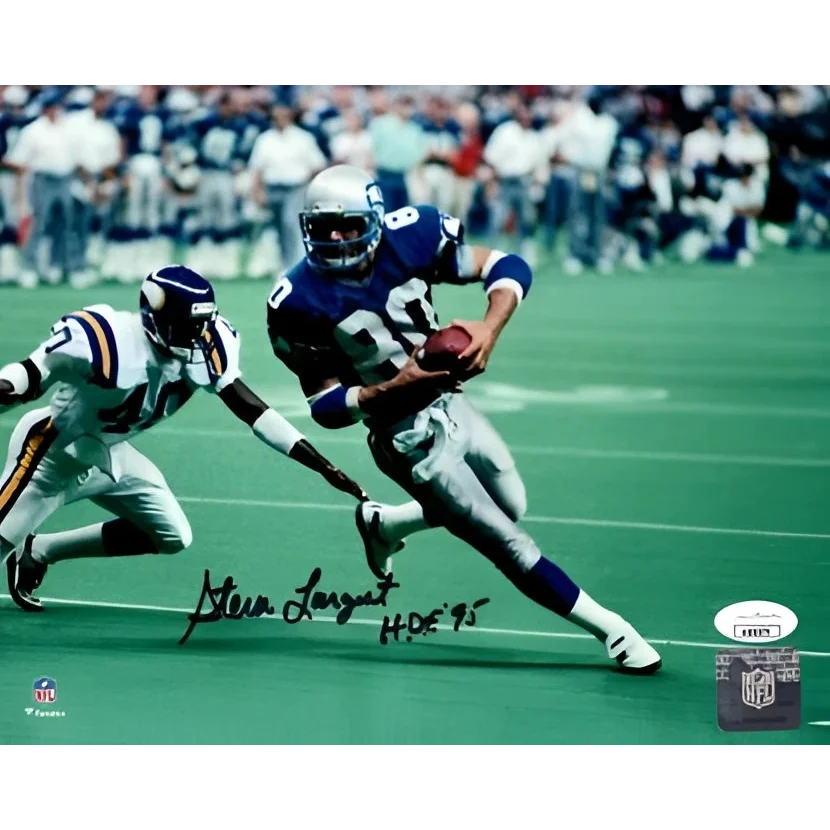 Steve Largent signed Seattle Seahawks 8x10 photo in blue white uniform 86
