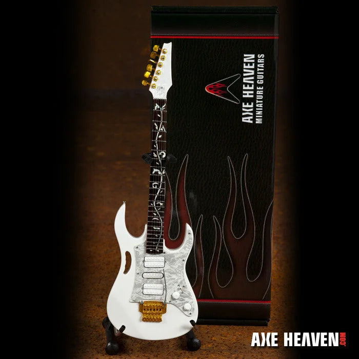 White Axe Heaven Steve Vai guitar miniature with flames on adjustable A-frame stand