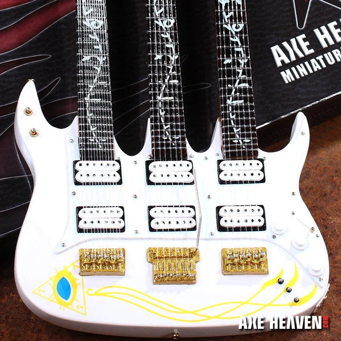 Steve Vai Signature Triple Neck Axe Heaven white electric guitar with gold hardware and Brazilian flag stickers