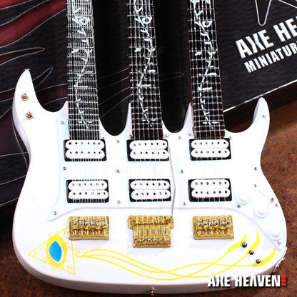 Steve Vai Signature Triple Neck Axe Heaven white electric guitar with gold hardware and Brazilian flag stickers