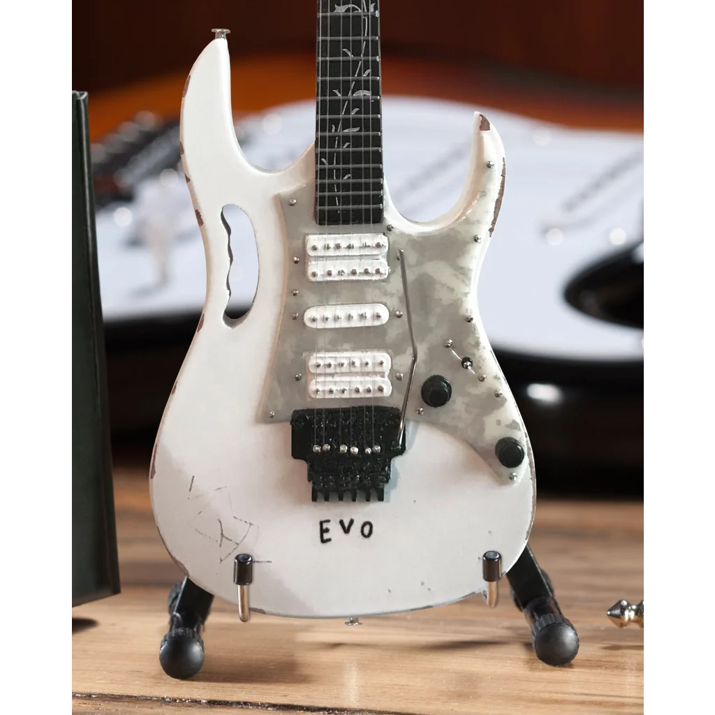 Steve Vai White EVO Mini Guitar by Axe Heaven with adjustable A-frame stand