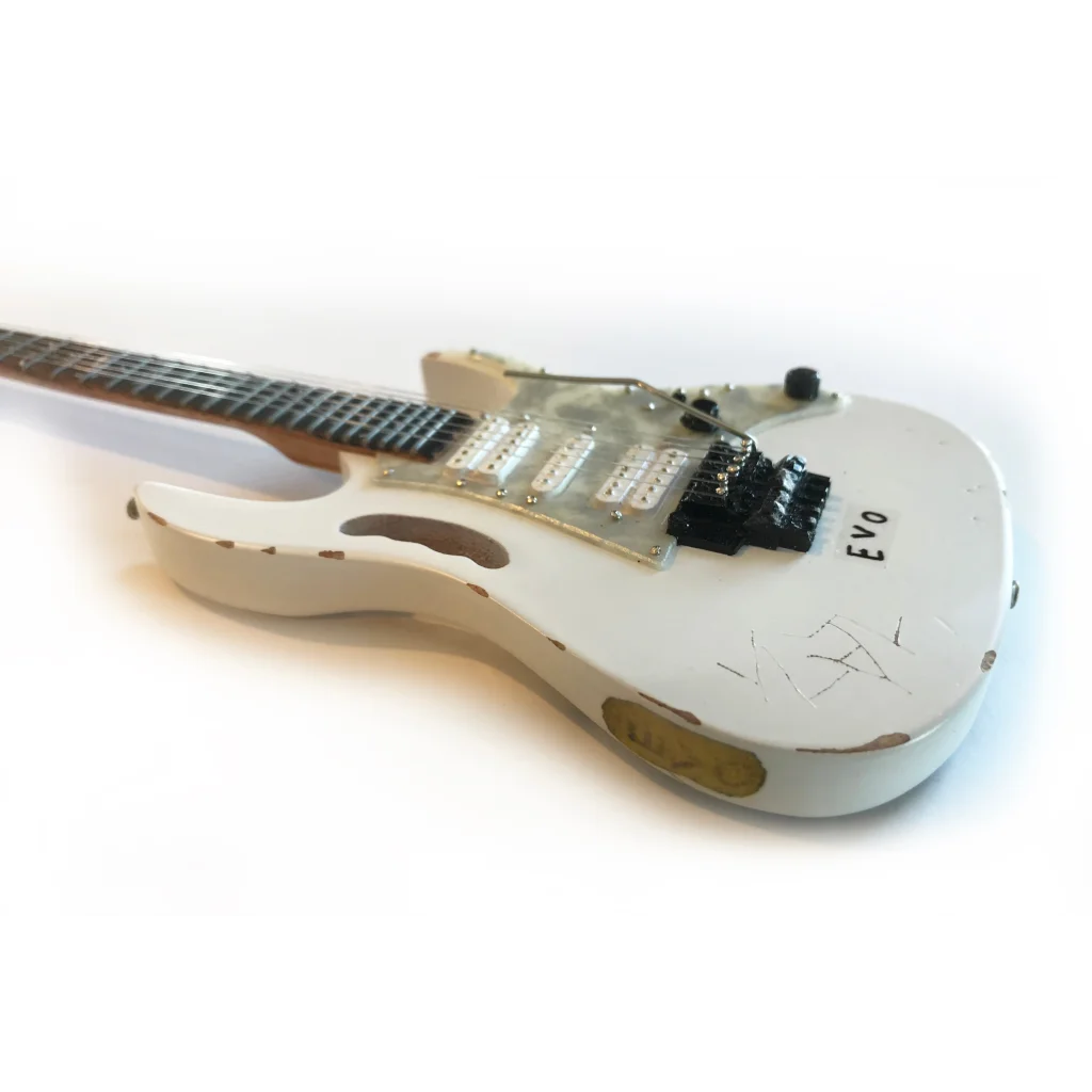 Steve Vai White EVO Mini Guitar by Axe Heaven with adjustable A-frame stand