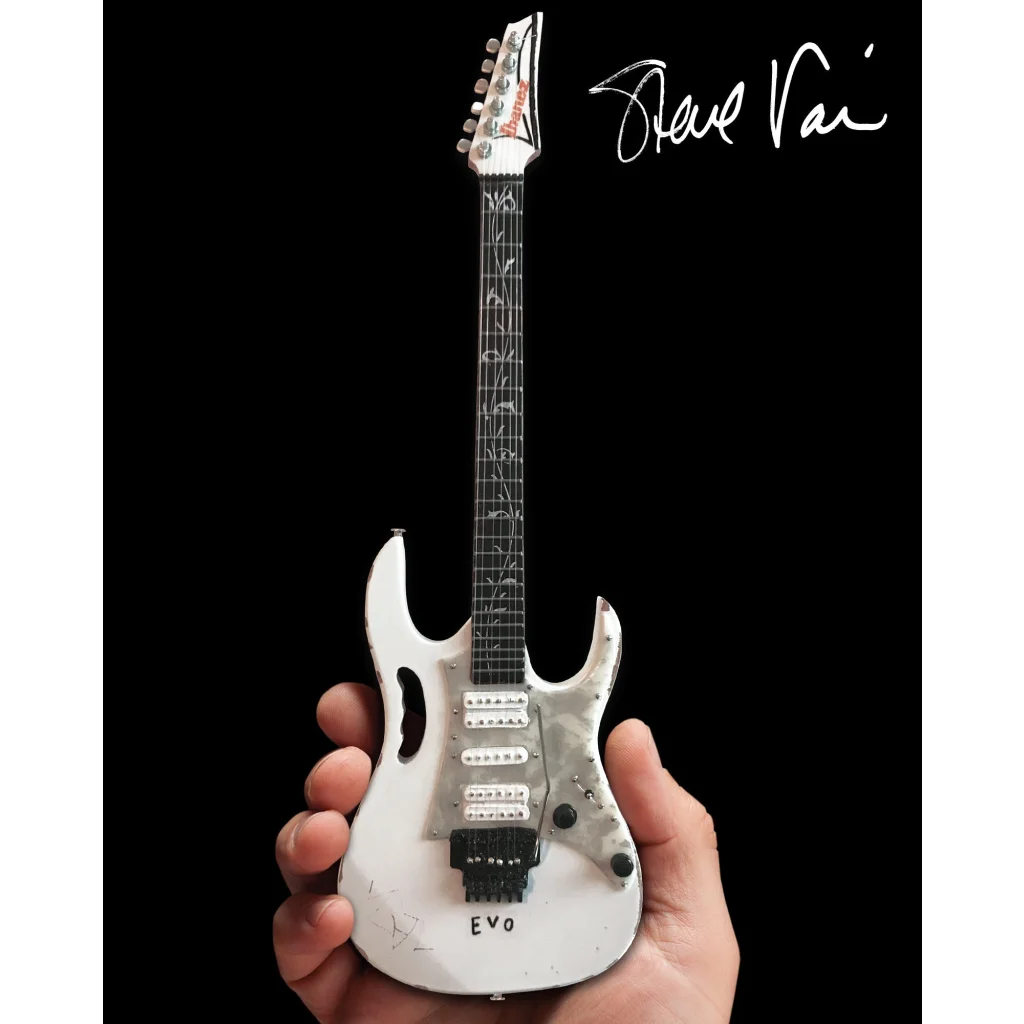 Mini white Steve Vai EVO guitar by Axe Heaven with stand
