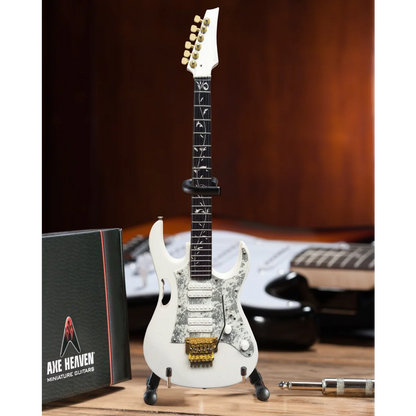 Miniature white Steve Vai JEM guitar replica by Axe Heaven® on adjustable A-frame stand