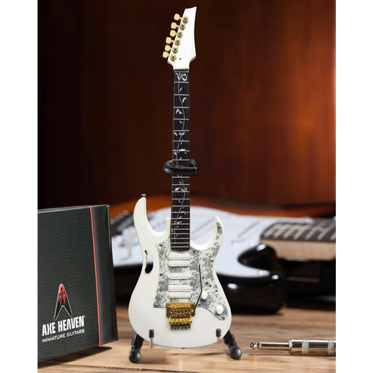 Miniature white Steve Vai JEM guitar replica by Axe Heaven® on adjustable A-frame stand