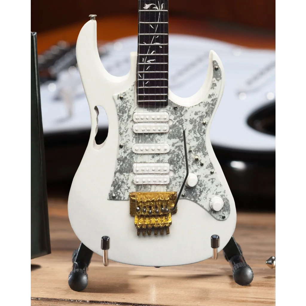 White Steve Vai JEM Axe Heaven® miniature guitar replica with stand
