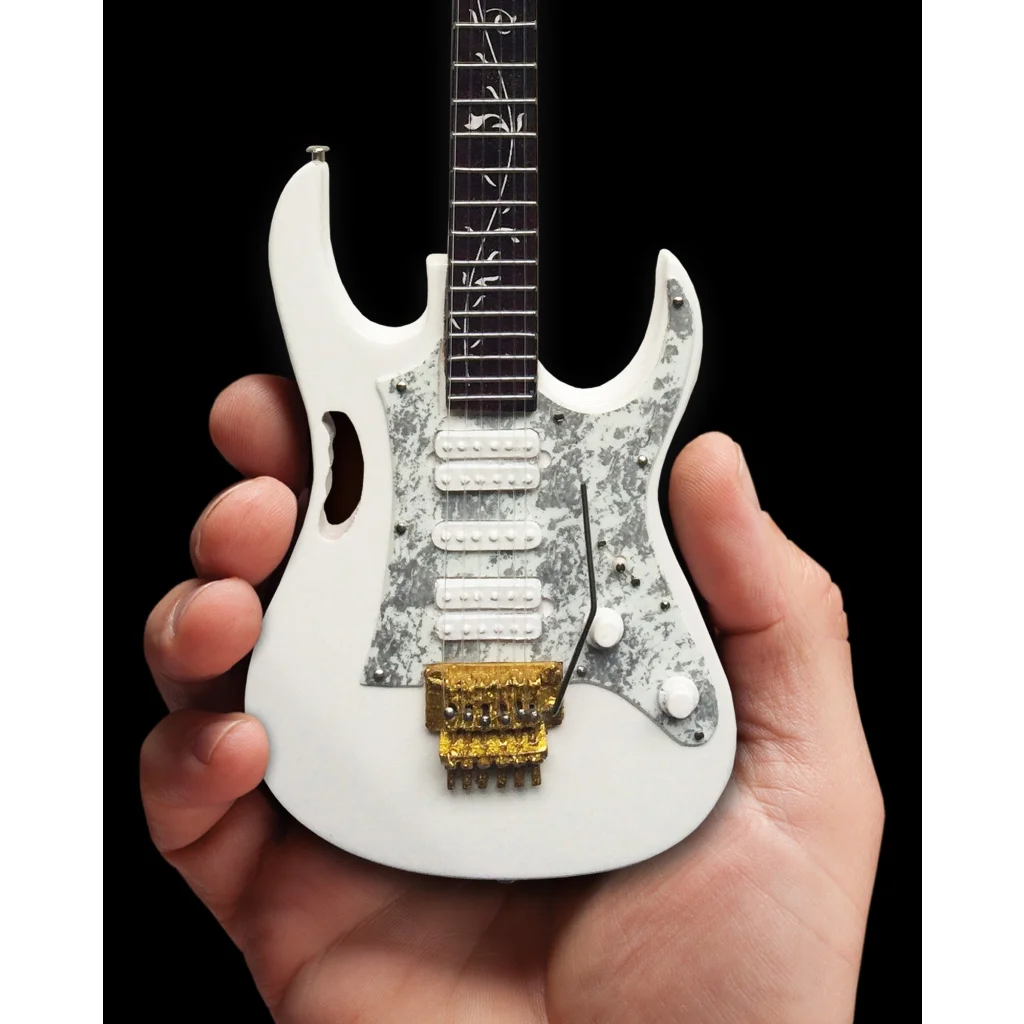 White Steve Vai JEM Axe Heaven® miniature guitar replica on adjustable A-frame stand