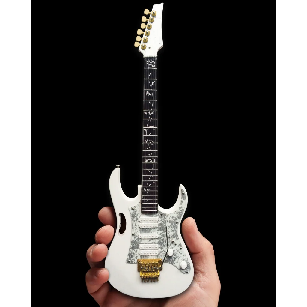 Miniature white Steve Vai JEM guitar replica by Axe Heaven® on adjustable A-frame stand