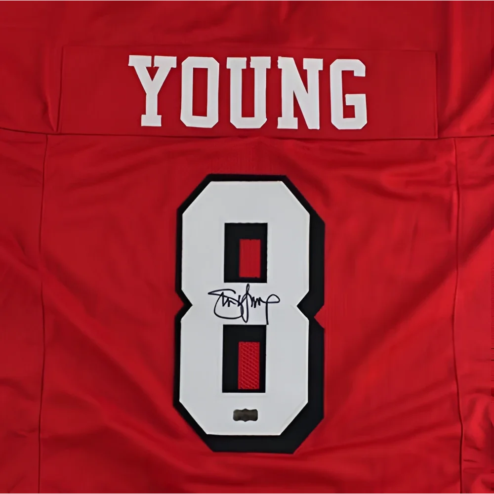 Steve Young autographed San Francisco custom jersey, red with white Young and number 8