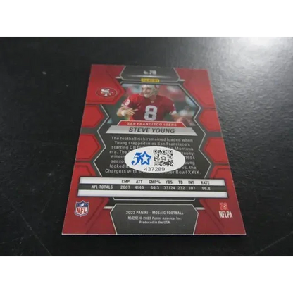 Red and black Panini Mosaic Steve Young signed trading card for 49ers collectibles