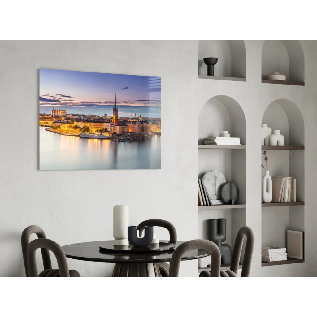 Stockholm Twilight Waterfront glass wall art with dusk cityscape reflections