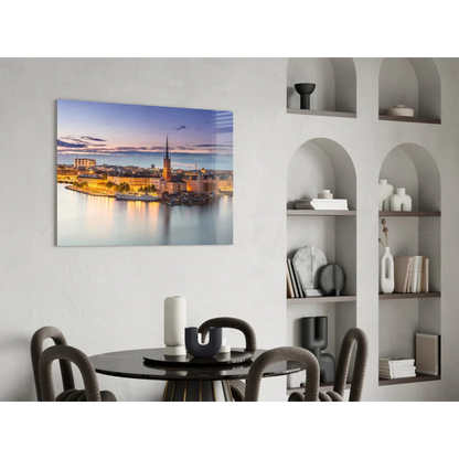 Stockholm Twilight Waterfront glass wall art with dusk cityscape reflections