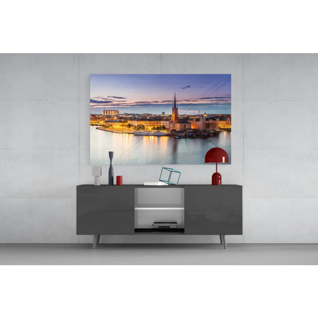 Stockholm Twilight Waterfront glass wall art canvas print on white wall