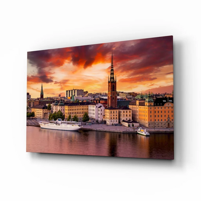 Vibrant sunset glass wall art print of Stockholm waterfront