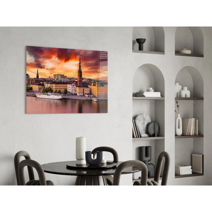 Stunning glass wall art print of sunset cityscape with boat