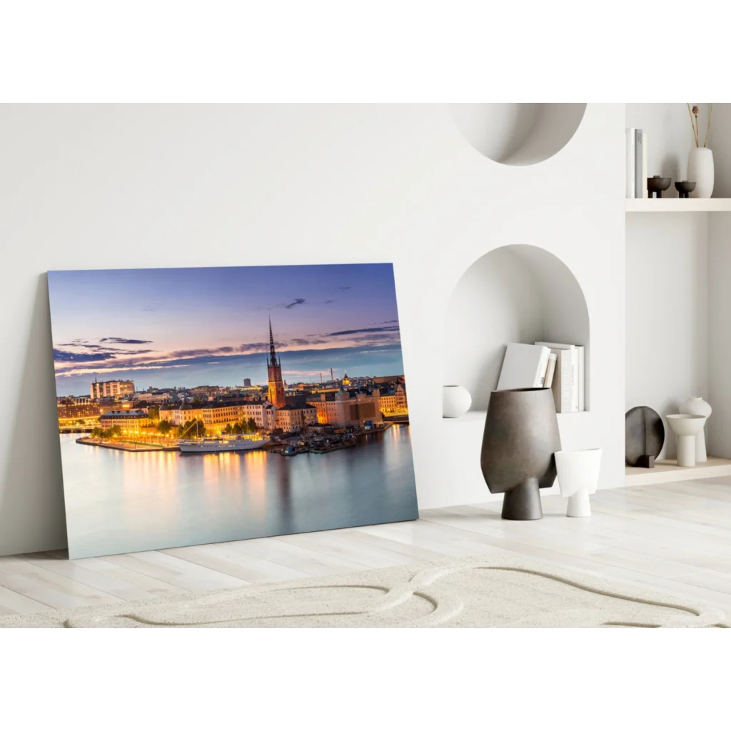 Stockholm Twilight Waterfront Glass Wall Art Canvas Print | Modern Wall Art Decor | vintageantiquesgifts.com