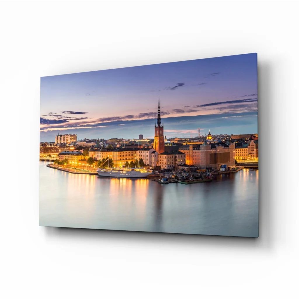 Stockholm Twilight Waterfront Glass Wall Art Canvas Print | Insigneart USA | vintageantiquesgifts.com