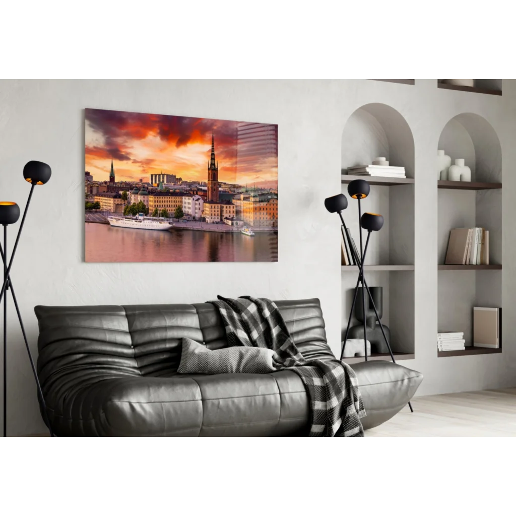 Vibrant sunset glass wall art print on white wall