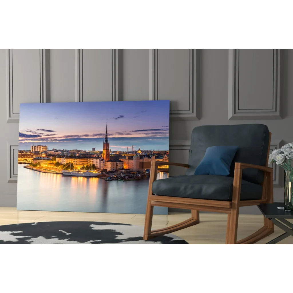 Stockholm twilight waterfront glass wall art canvas print with spire reflection