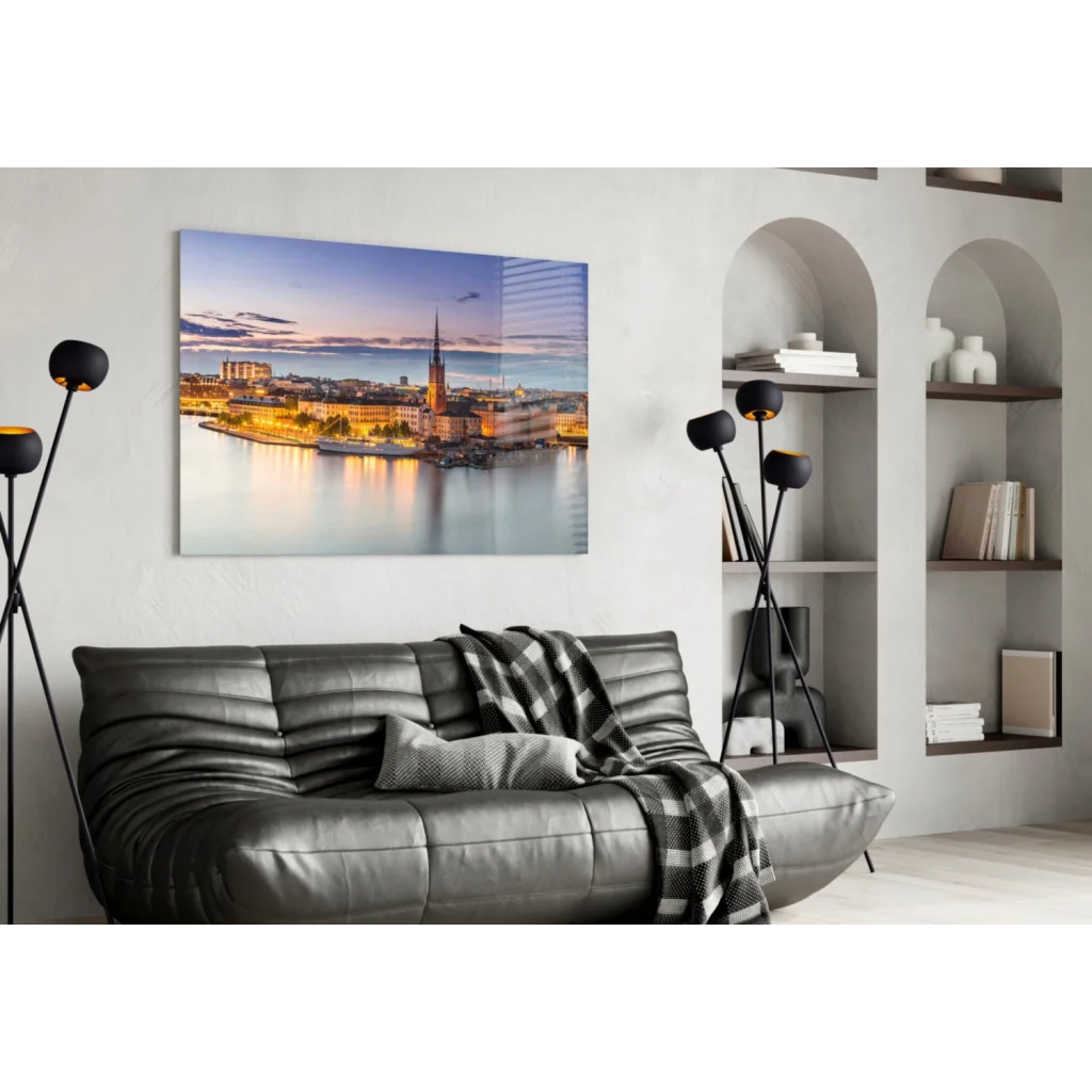 Stockholm Twilight Waterfront Glass Wall Art Canvas Print | Contemporary Home Wall Art | vintageantiquesgifts.com