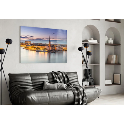 Stockholm Twilight Waterfront Glass Wall Art Canvas Print | Contemporary Home Wall Art | vintageantiquesgifts.com