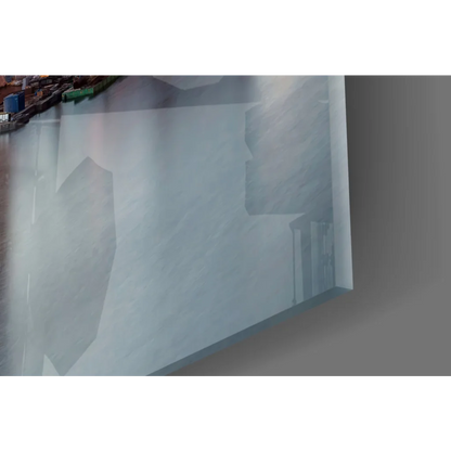 Translucent gray glass wall art of blurred Stockholm twilight waterfront cityscape