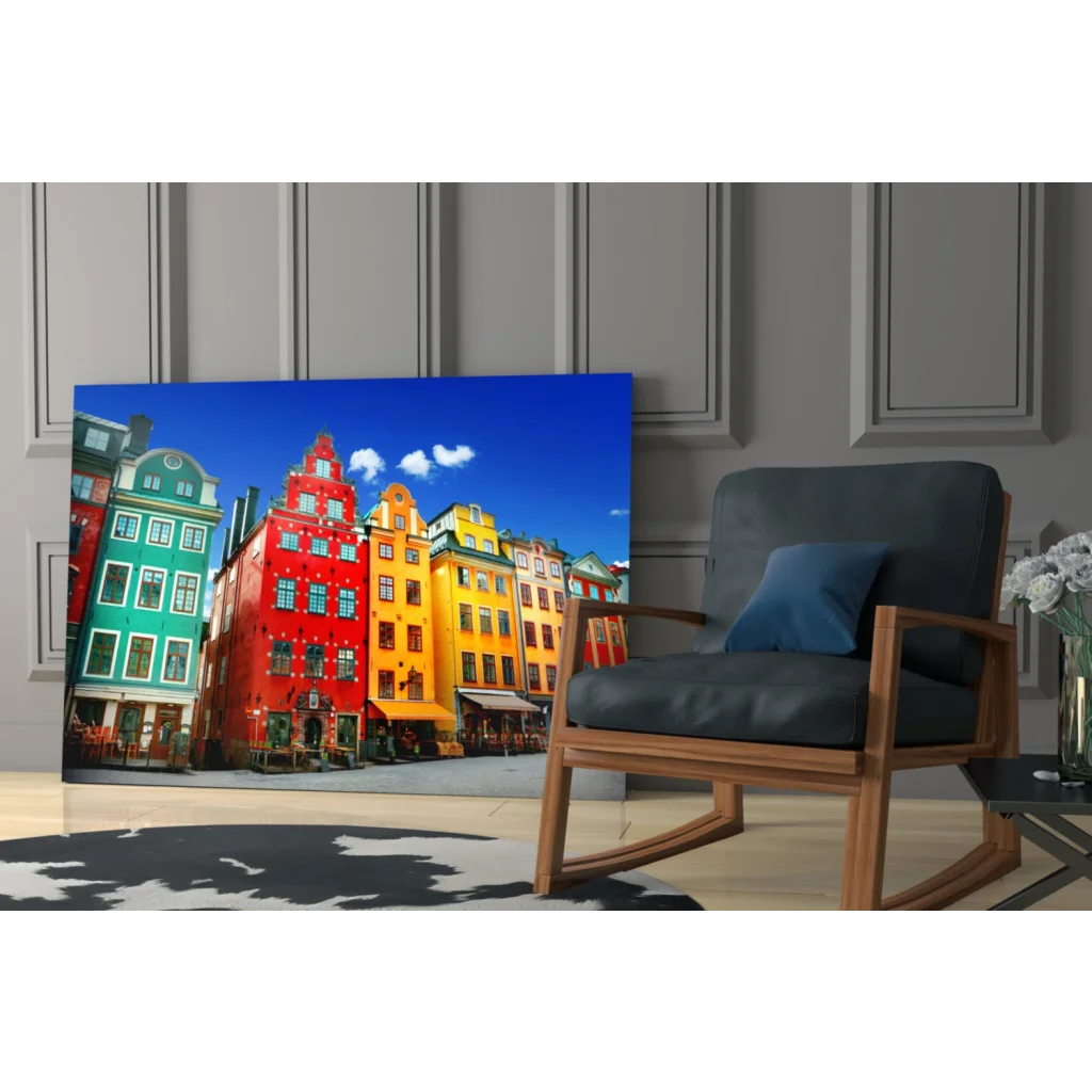 Colorful European buildings glass wall art print