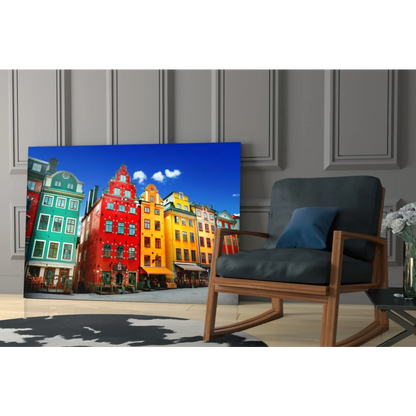 Colorful European buildings glass wall art print