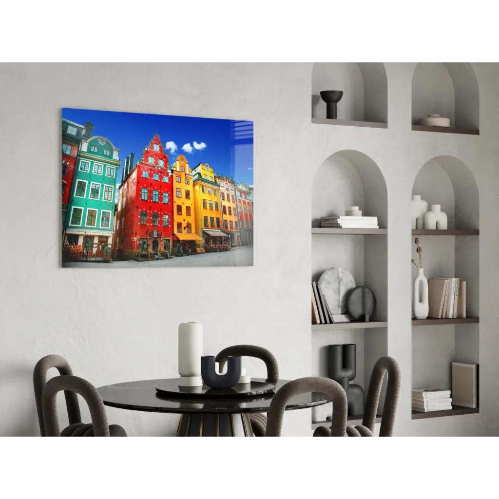 Colorful European townhouses glass wall art print