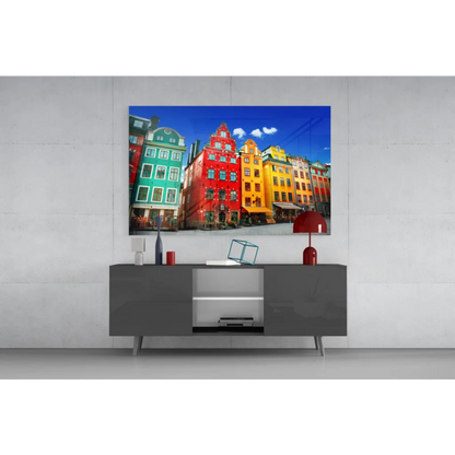 Vibrant colorful European buildings glass wall art print