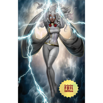 Comic book cover of Storm in white suit generating lightning by Nathan Szerdy at Unknown Comics