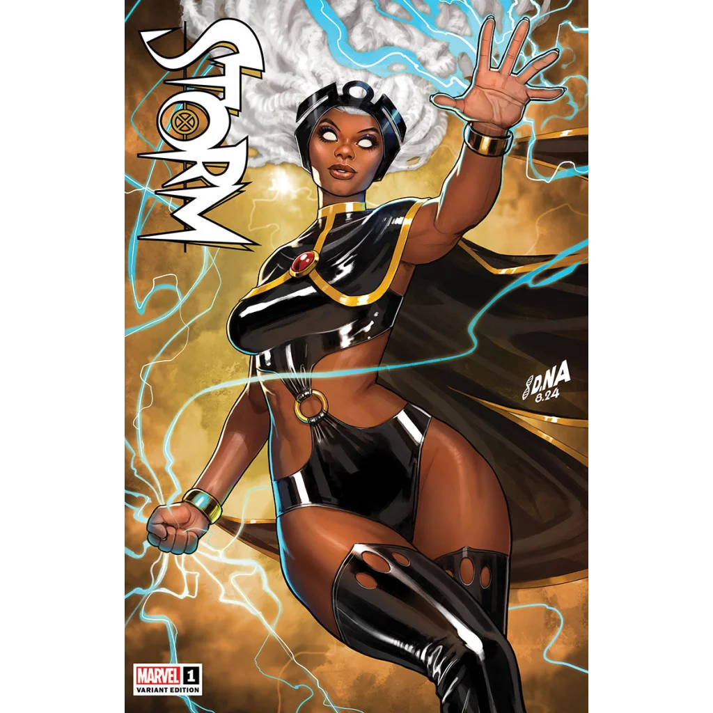Comic book cover featuring a powerful Black female superhero in black and gold costume, unknown comics exclusive David Nakayama variant edition
