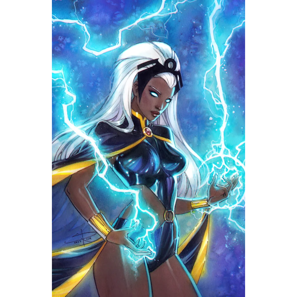 Superheroine with white hair and glowing eyes generating electricity for Storm #1 Variant Edition