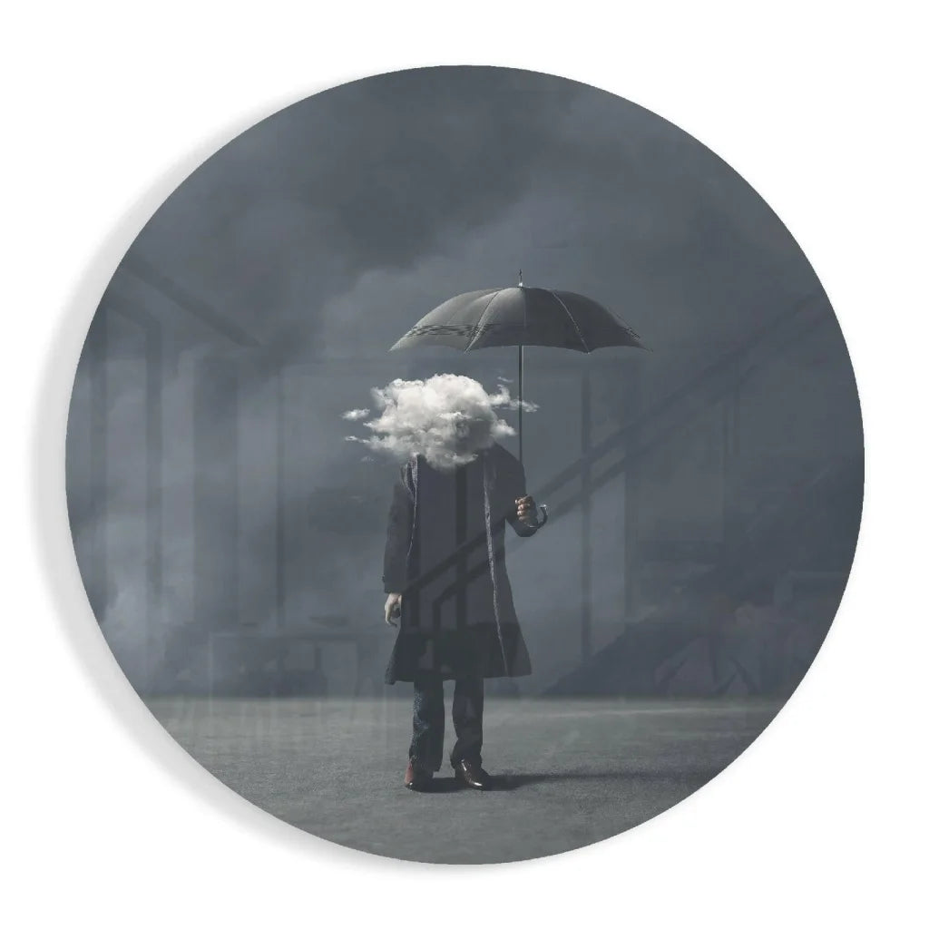 Dark gray umbrella in tempered glass art on misty backdrop