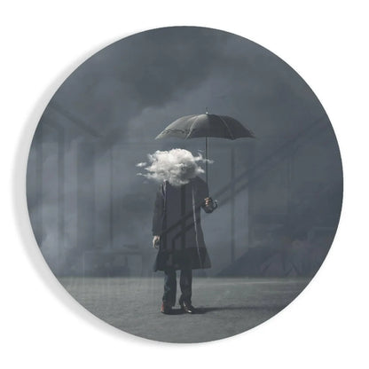 Dark gray umbrella in tempered glass art on misty backdrop