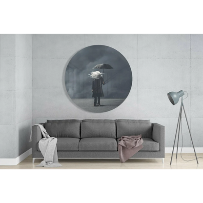 Stunning white-haired figure with umbrella in circular black-and-white tempered glass art above gray sofa