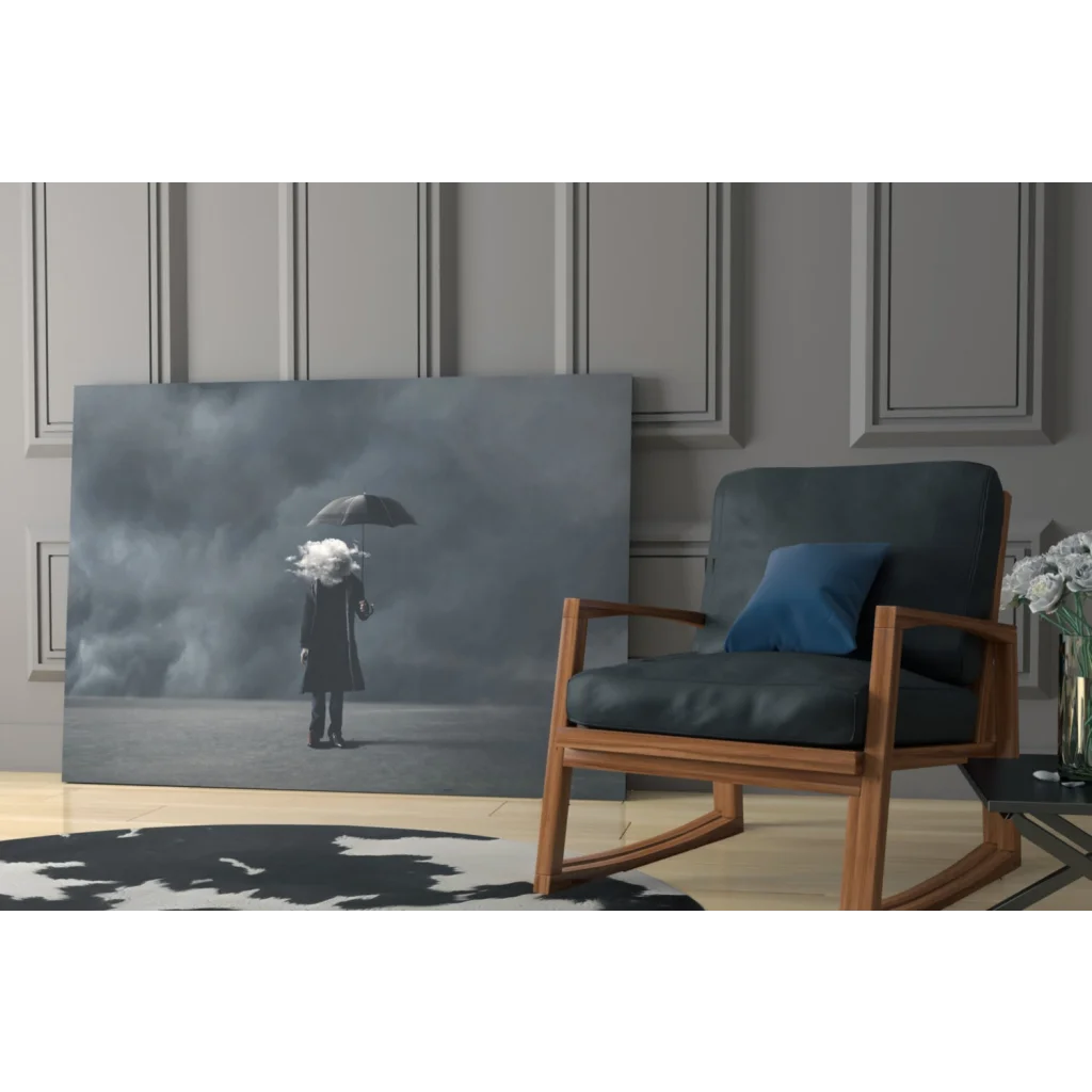 Minimalist rocking chair with navy seat in Stormy Umbrella wall art style