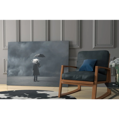 Minimalist rocking chair with navy seat in Stormy Umbrella wall art style