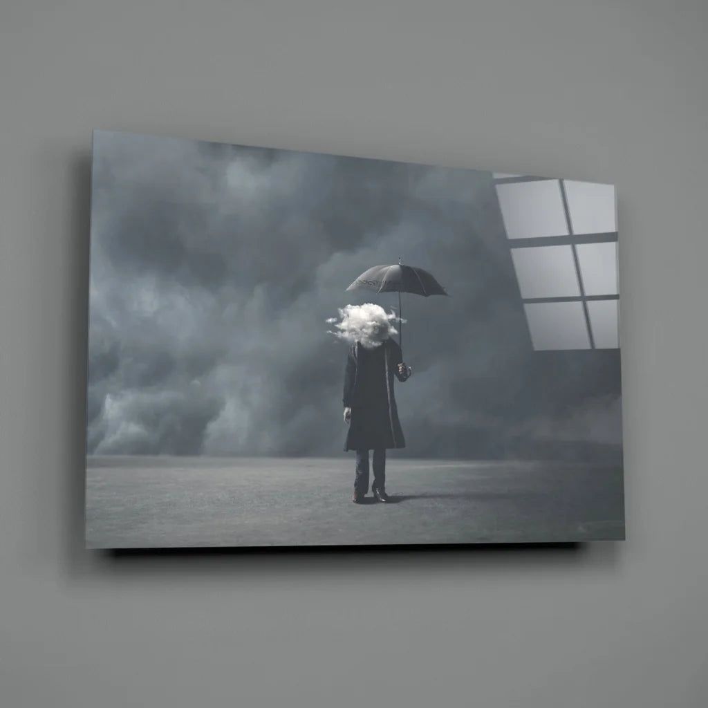 Black-and-white wall art canvas print of white-haired figure with umbrella in stormy skies