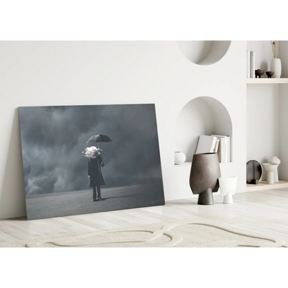 Solitary figure with umbrella in stormy skies, black and white wall art canvas print