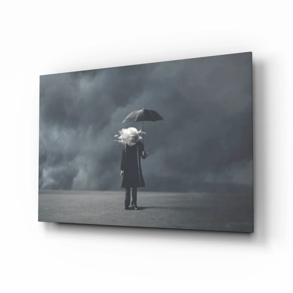 Black umbrella held by figure with white cloud hair in moody grayscale sky wall art