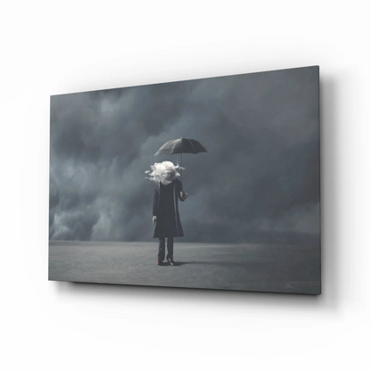 Black umbrella held by figure with white cloud hair in moody grayscale sky wall art