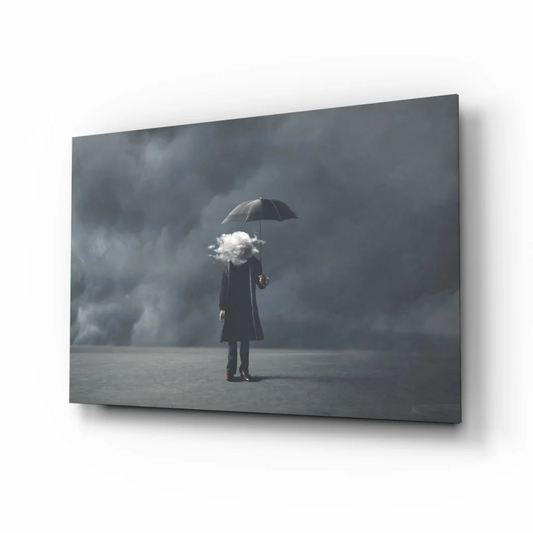 Black umbrella held by figure with white cloud hair in moody grayscale sky wall art