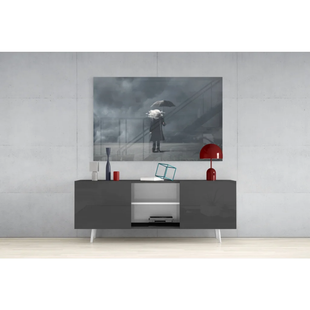 Modern gray console table with white legs under Stormy Umbrella wall art