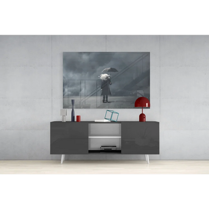 Modern gray console table with white legs under Stormy Umbrella wall art