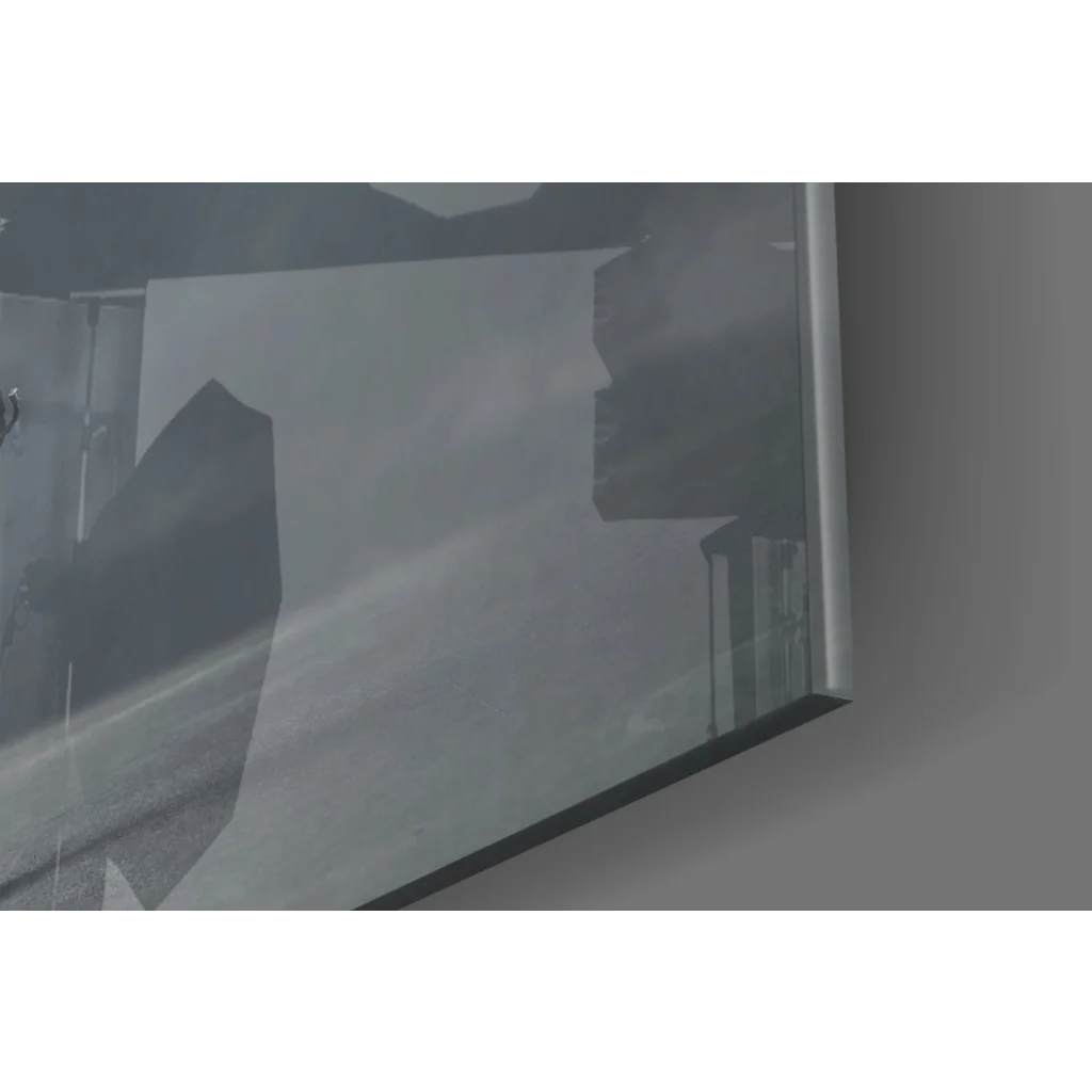 Sleek transparent glass wall art panel with metallic frame for Stormy Umbrella print