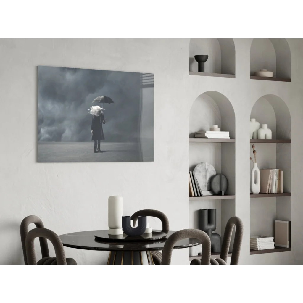 Black and white wall art print of solitary figure with white hair holding umbrella in storm