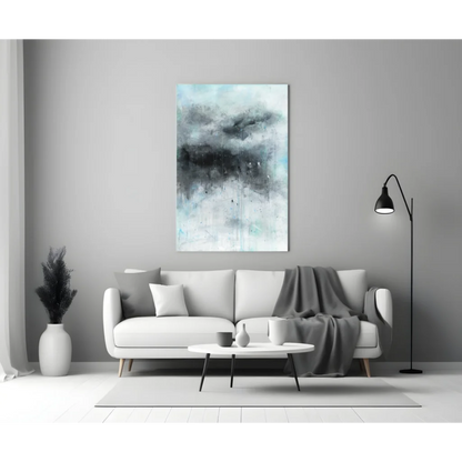 Stormy teal abstract canvas wall art with textured brushstrokes above sofa