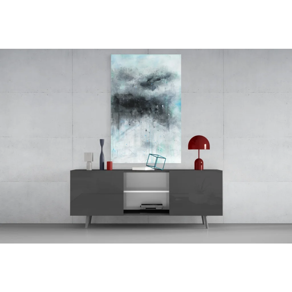 Sleek gray sideboard with glossy finish under Stormy Teal wall art